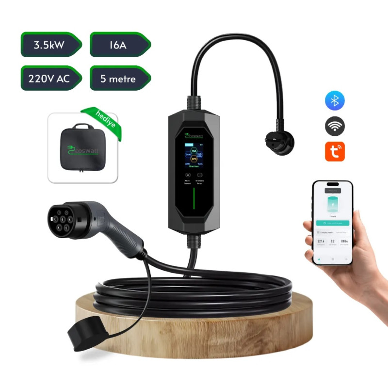 Coswatt Taşınabilir Şarj Cihazı 3.5 kW / 16A / Tip-2 / Ev Tipi Schuko Fiş / 5m Kablolu / 220V AC / Taşıma Çantası Hediyeli