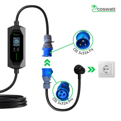 Coswatt Elektrikli Araba Şarj Cihazı 7,4Kw /32A/ Tip-2 / 3X32A Fiş / Monofaze /Ev Tipi Dönüştürücü Kablolu /5mt